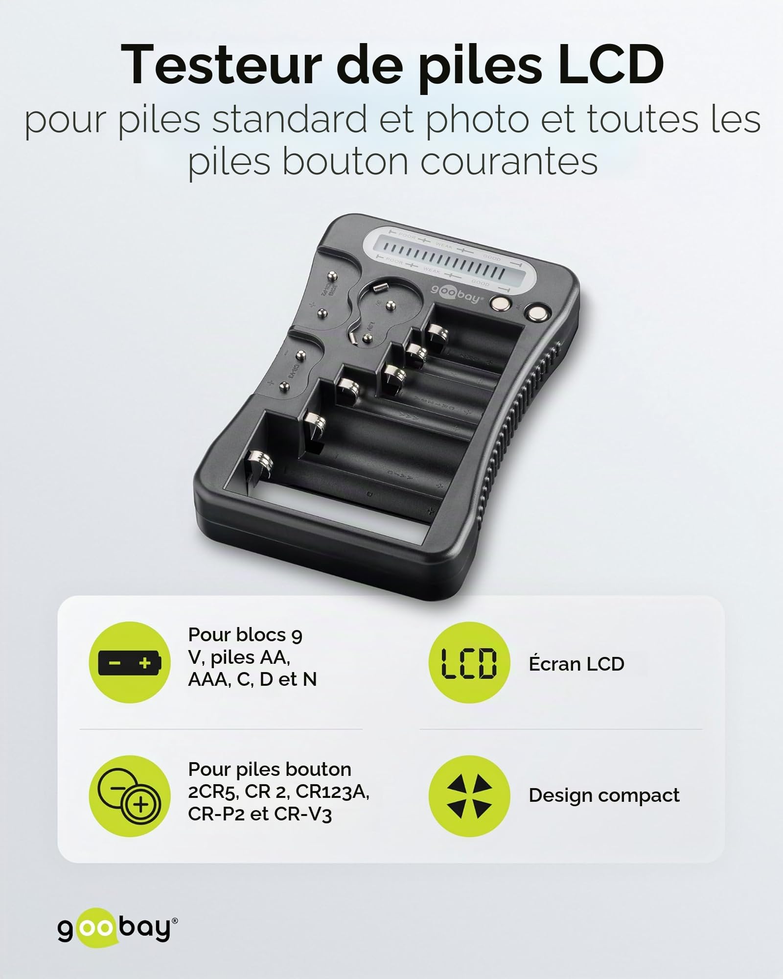 Testeur de pile LCD pour piles rechargeables et non rechargeables (AA, AAA, 9 V, C, D, CR2032, 72511)