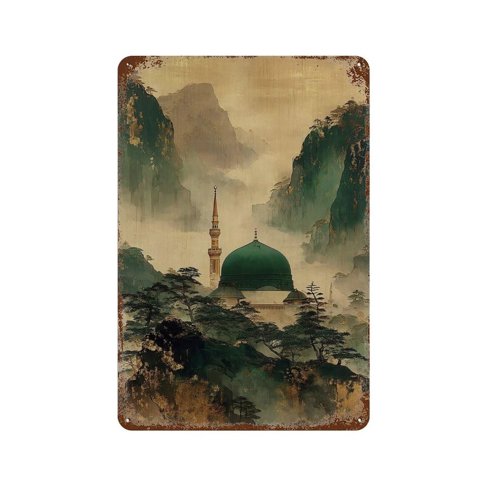 xiaoxiaoshen Ottoman Mosque Mountain Misty Green Landscape Islamic Architecture Nature Wall Decor Art Metal Tin Poster Modern Home Decor Art Home Bar Shop Decorations Vintage Sign 30x20cm