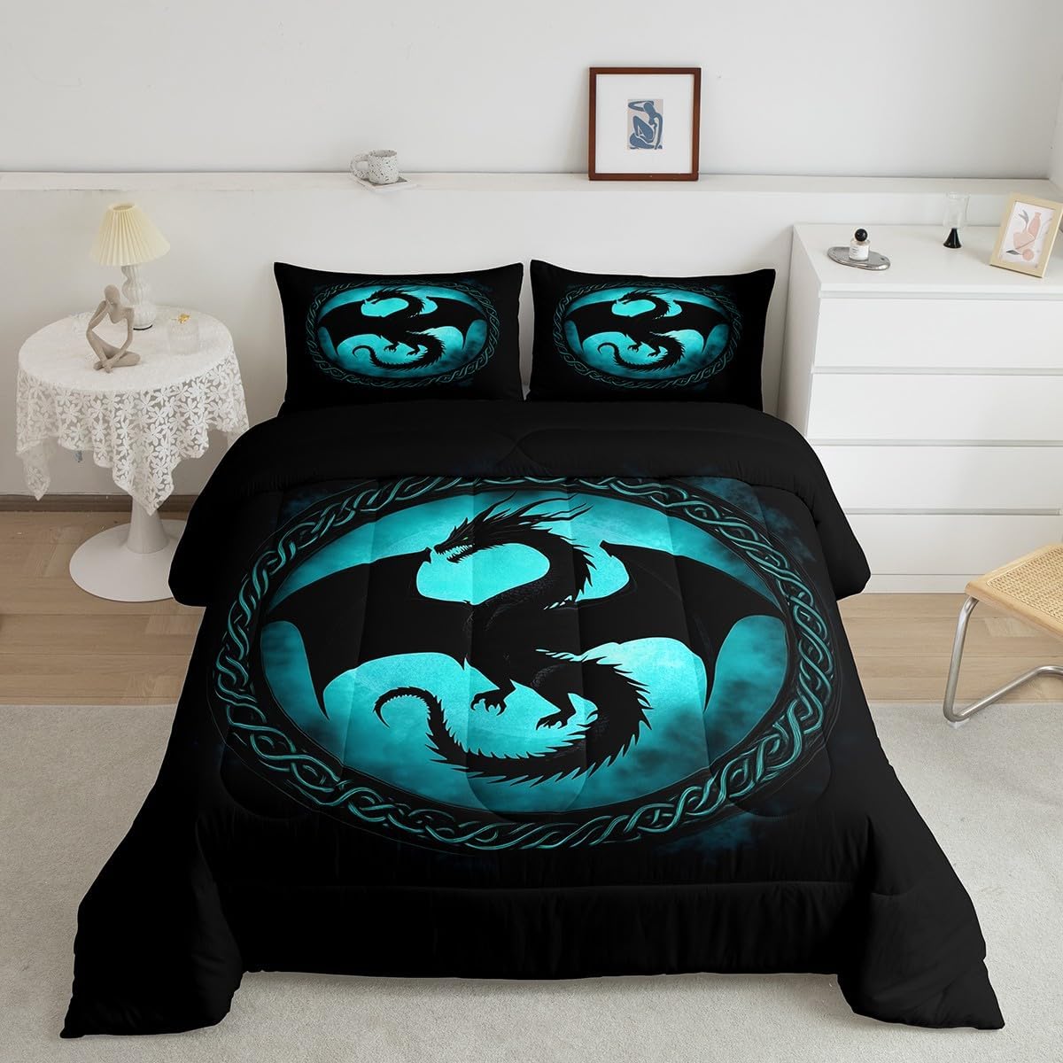 Castle Fairy Tribal Bohemian Rope Bed Comforter Set Queen Size,Western Mystic Animal Super Soft Microfiber Bedding Set for Adults Teens,Dragon Comforter Set,2 Pillowcases