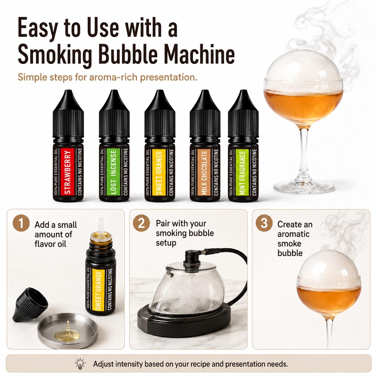 Kit de accesorios para ahumador de cóctel, paquete de 5 aceites aromáticos para pistola de burbujas de humo, esencia perfumada para mezclología molecular, infusores, bebidas, alimentos y licores