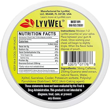 LyvWel 56mg Caffeine Pouches Cherry, Watermelon, Red Gummy, Peach, Pink Lemonade, Mango Clean Energy & Focus Boost 6-Pack (96 Pouches Total)