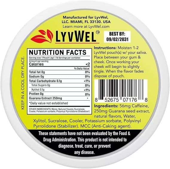 LyvWel 56mg Caffeine Pouches Cherry, Watermelon, Red Gummy, Peach, Pink Lemonade, Mango Clean Energy & Focus Boost 6-Pack (96 Pouches Total)