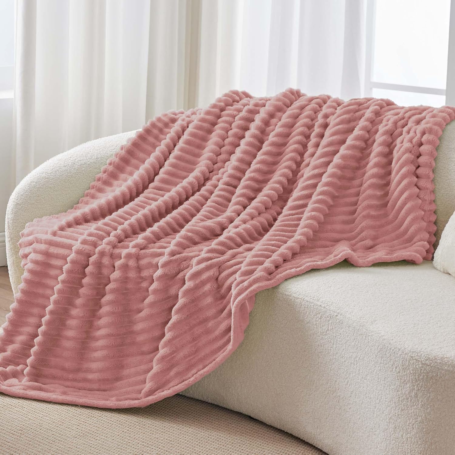 BEDELITE Fluffy Fleece Throw Blanket, Striped Decorative Soft Warm Gift for Sofa Bed Couch, Queen Size, Dusty Pink