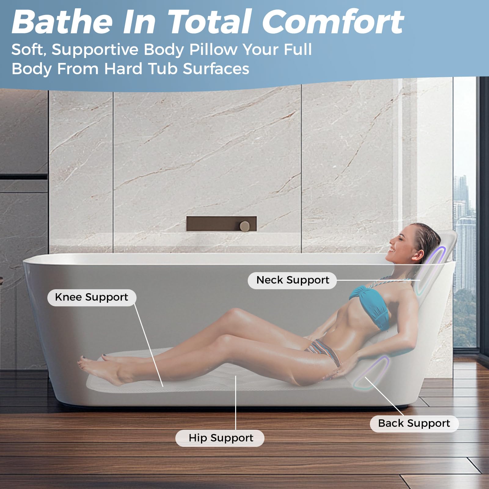 Cojín para Bañera de Cuerpo Entero 123×40 cm para Personas de 160-180 cm de Altura, Alfombrilla para Bañera con Reposacabezas Que Sostiene el Cuello y la Espalda,Agradable para la, Blanco