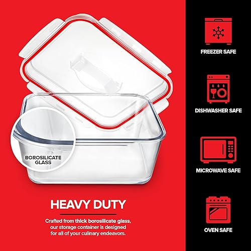 Miniatura 3 de Stock Your Home Recipiente rectangular extragrande de vidrio para almacenar alimentos con tapa, estilo moderno, hermético, a prueba de fugas,