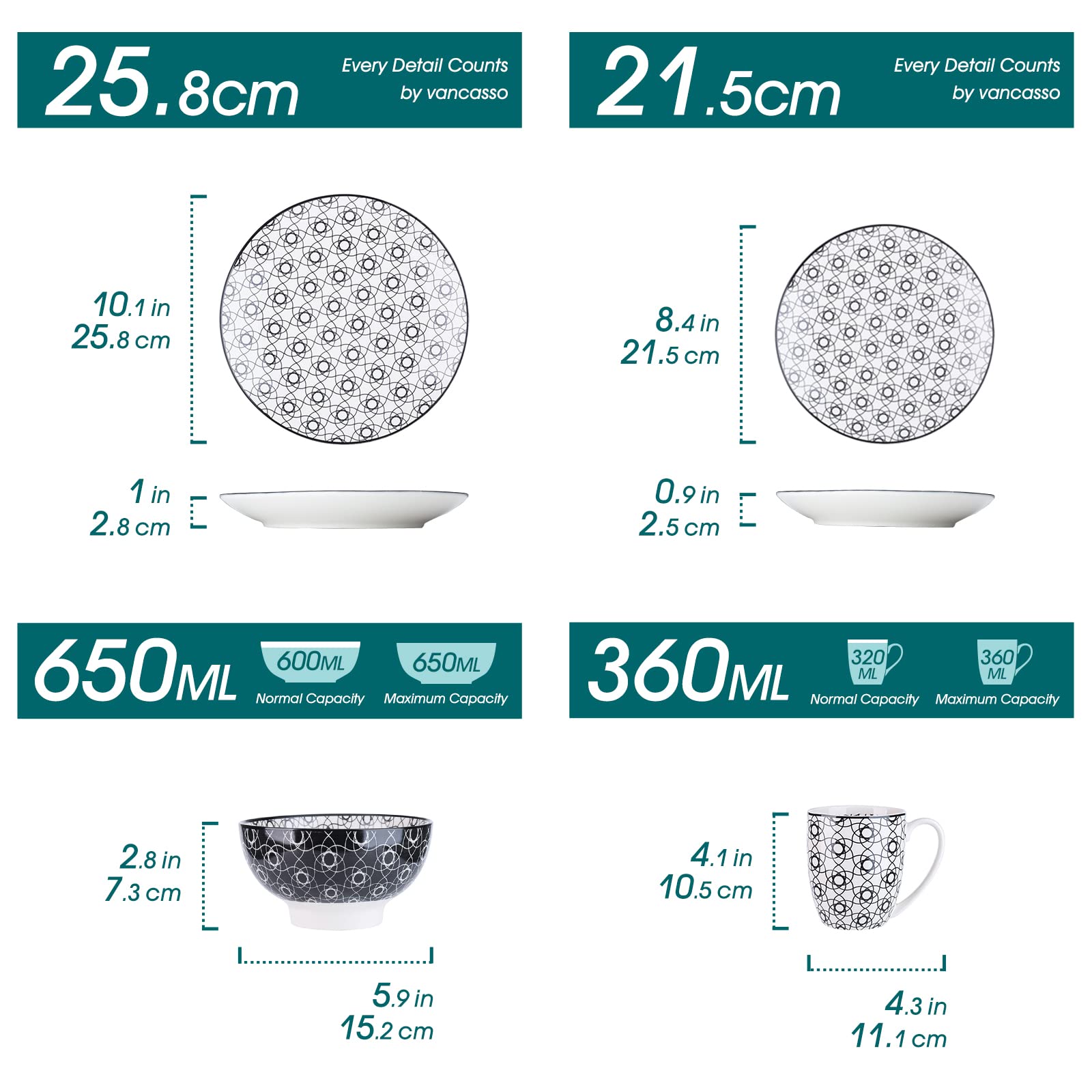 vancasso Haruka, Servizio Piatti Colorati 8 Persone Set 32 Pezzi Stile Giapponese Nero in Porcellana con Piatti frutta, Tazza da Tè, Piatti Piano Scodella Colazione