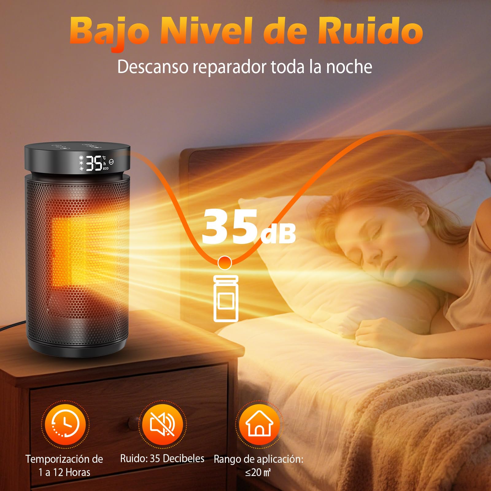 Calefactor Bajo Consumo con Control Remoto, 1500 W Silencioso Calefactor Cerámico PTC, Temporizador 12H, Rotación de 70°, Múltiples Funciones de Protección, Ideal para Salones, Dormitorios y Baños
