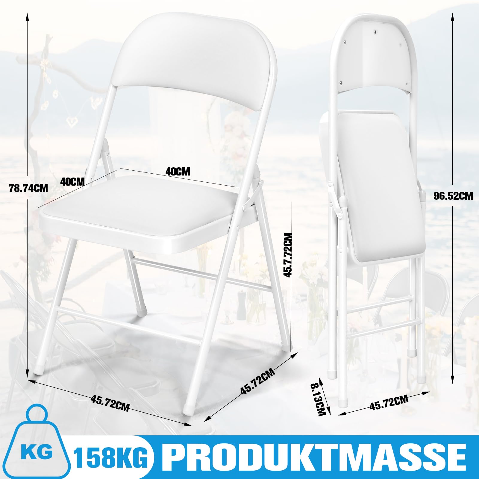 Set di 4 Sedie Pieghevoli, Imbottite, Portata Fino a 160 kg, Comodo ed Stabili Sedia Pieghevole per Giardino, Esterno, Campeggio, Balcone Interni, Ufficio, Feste, Bianco