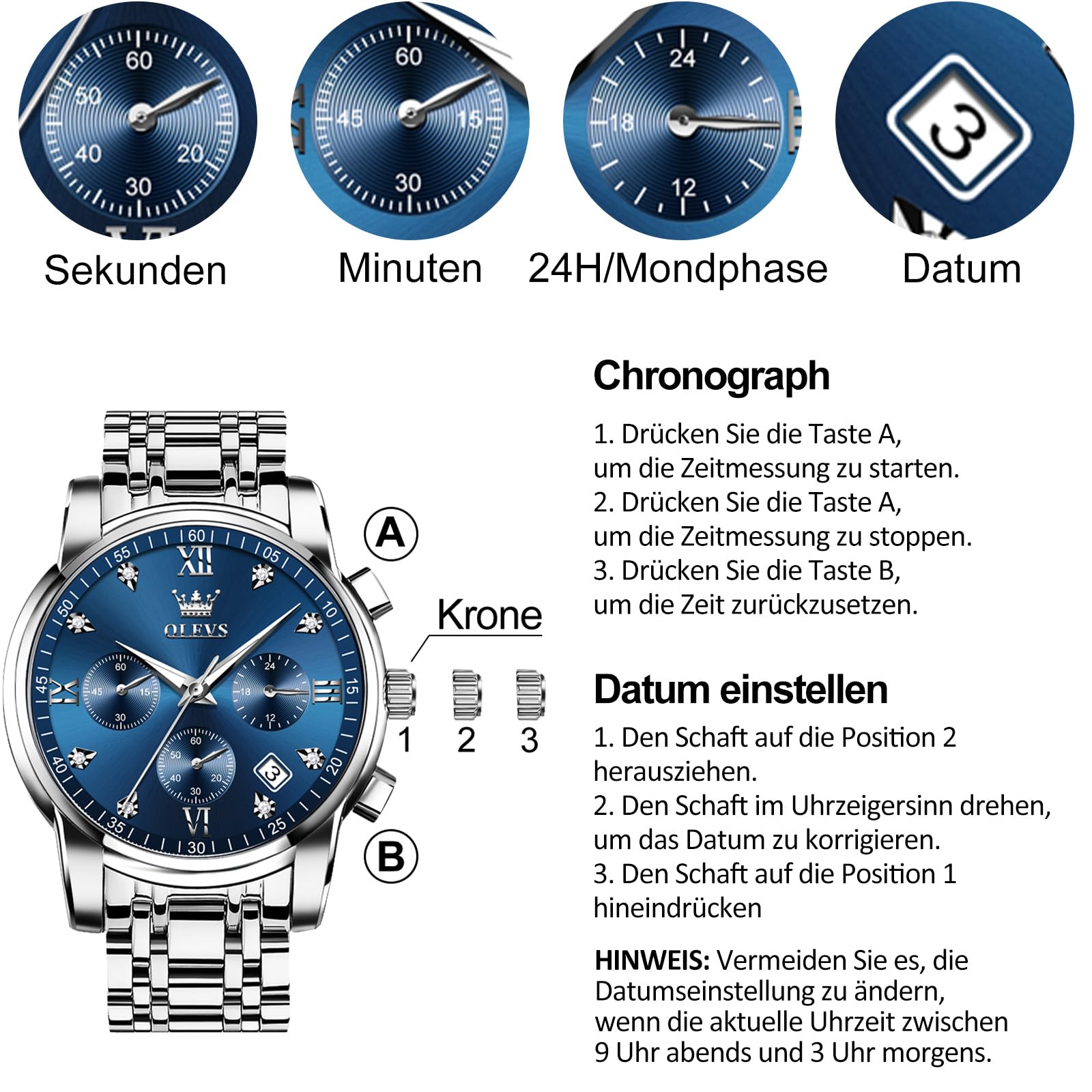 OLEVS Uhren Herren, Analoger Quarzuhr Edelstahl Herren Uhr, Klassisches Chronograph Diamanten Herrenuhren, Luxus Armbanduhr Herren