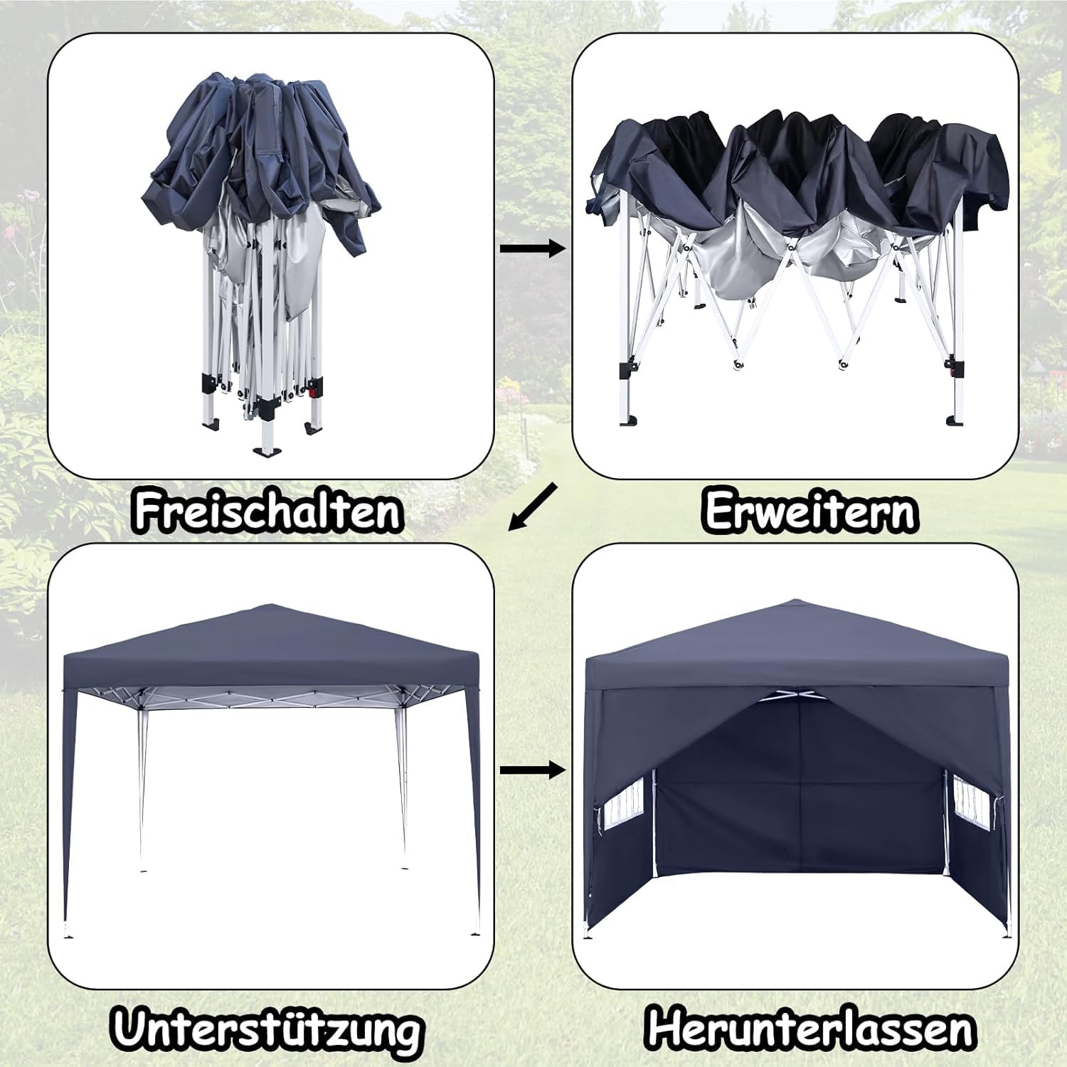 FIVMEN Pavillon 2,5x2,5m Faltpavillon mit Seitenteilen und Fenstern und Tragetasche Faltzelt Polyester UV Schutz Faltbar Partyzelt Wasserdicht Windschutz Gartenpavillon Zelt, Type C (Anthrazit)