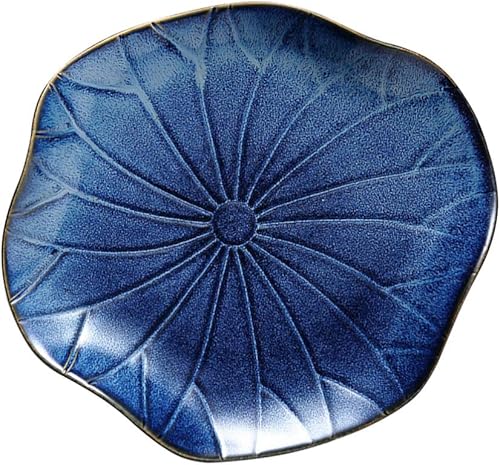 Miniatura 2 de UPKOCH Plato de cerámica decorativo Folio Nelumbinis Bandeja de servir Plato de porcelana Fruta Postre Almuerzo Pasta Plato de comidas (azul)