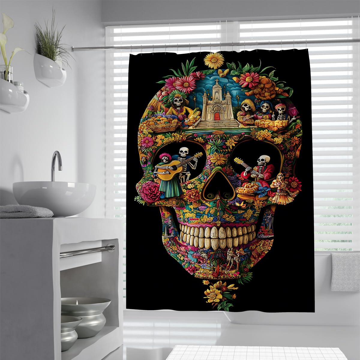 UIRINGART Mexican Day of the Dead Bath Screen W120xL200cm Colorful Sugar Skull Musician Castle Floral Pattern Quick Drying Waterproof Shower Curtains for Walk-in Shower with Hooks