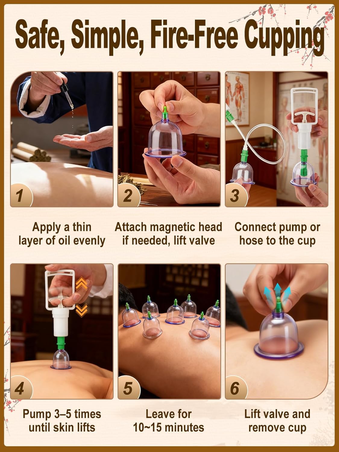 6 Sizes 12 Cups Cupping Kit for Massage Therapy - Vacuum Cupping Set for Pain Relief at Home, Includes Detailed Guide, Hand Pump, Extension Tube, Magnetic Heads - Image 7