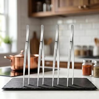 4 PCS 12-Inch Cooking Tweezers Tongs Precision Serrated Tips, Extra-Long Cooking Tweezers Stainless Steel Cooking Tweezers Professional Chef Tweezer Kitchen Tools for BBQ, Plating and Serving (Silver)