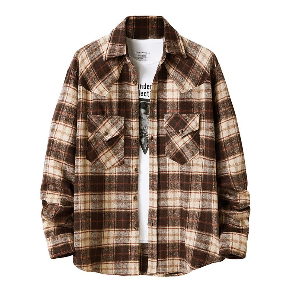 HGJH Herren Hemd Langarm, Herren Langarm Flanellhemd Thermohemd Gitter Braunhemd Button-Down Baumwolle Großvaterhemd Bequemes Henry Hemd Lässiges Arbeitshemd Für Herren Jungen