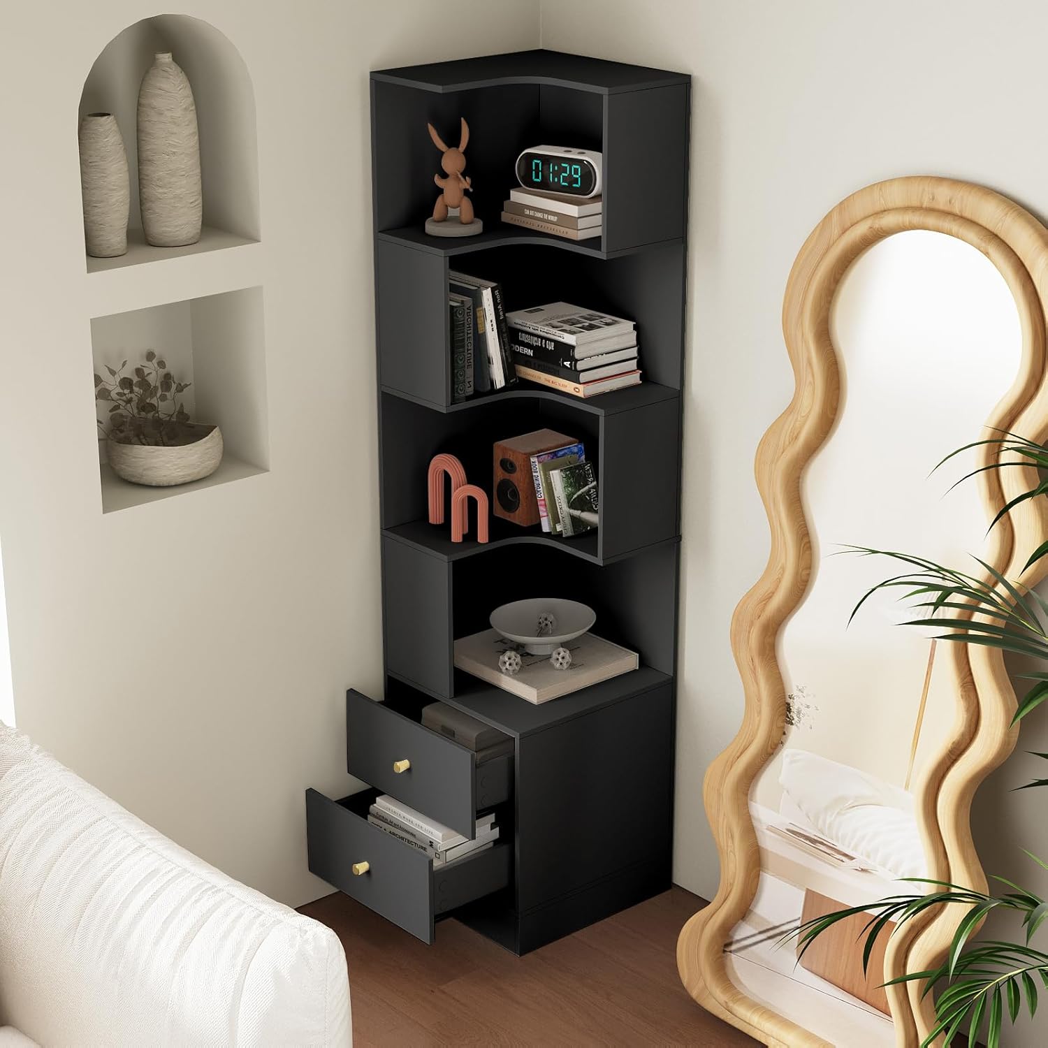 ARTETHYS Corner Shelf with Light 5-Tier Black Storage Cabinet with Drawers Modern Tall Bookshelf Stand for Living Room