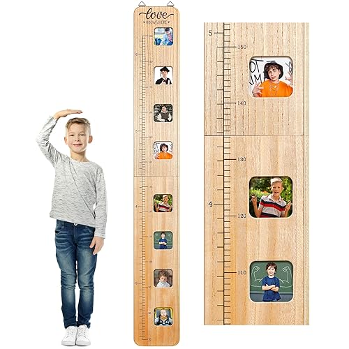 Chunful Tabla de crecimiento de madera para niños con marcos de fotos, tabla de crecimiento de altura para pared, regla de medición de altura