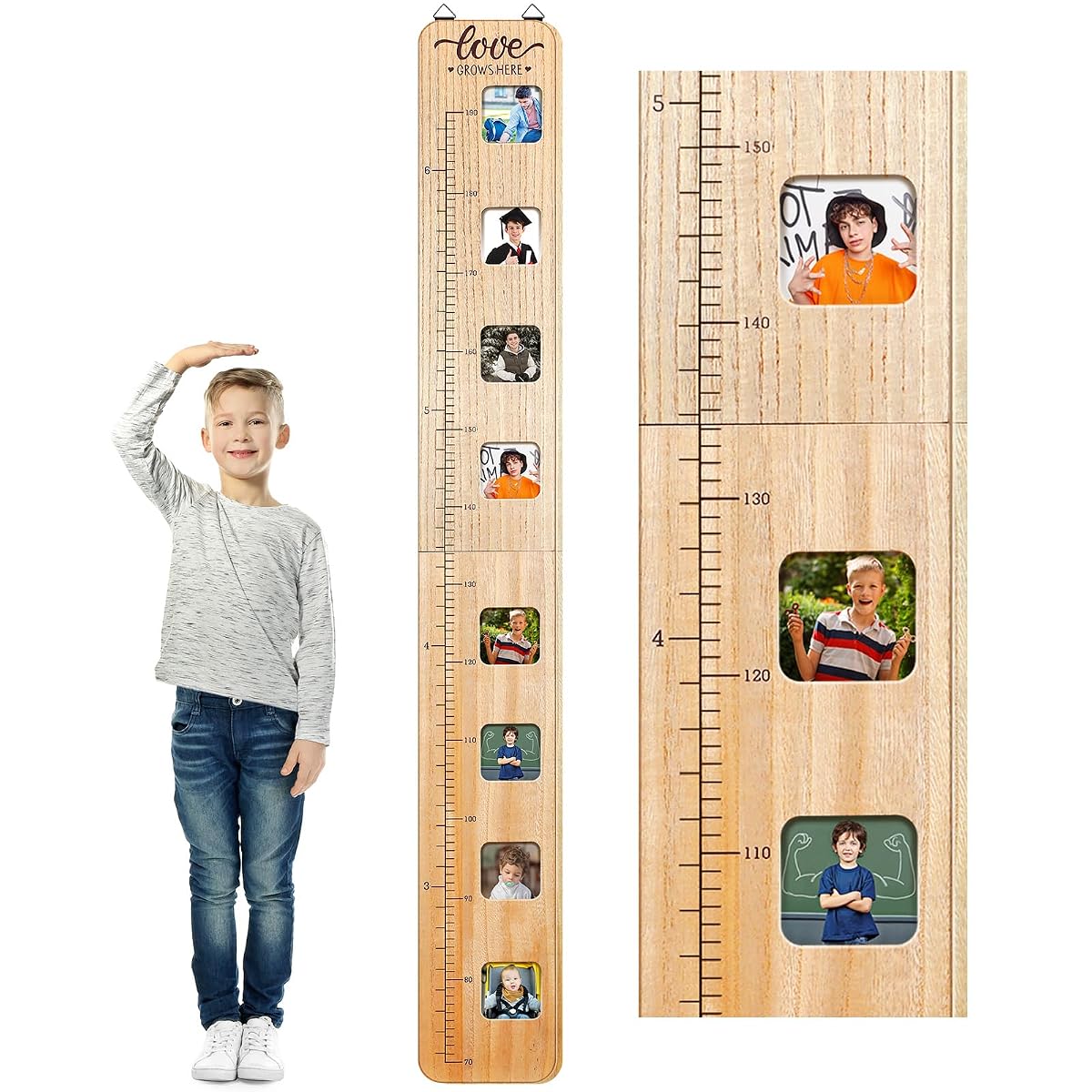 Wood Growth Chart for Kids with Picture Frames Boho Wooden Height Measurement