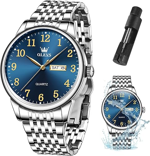 OLEVS Reloj de cuarzo analógico de acero inoxidable para hombre, fecha de fácil lectura, diamante impermeable, vestido de lujo, clásico, casual,