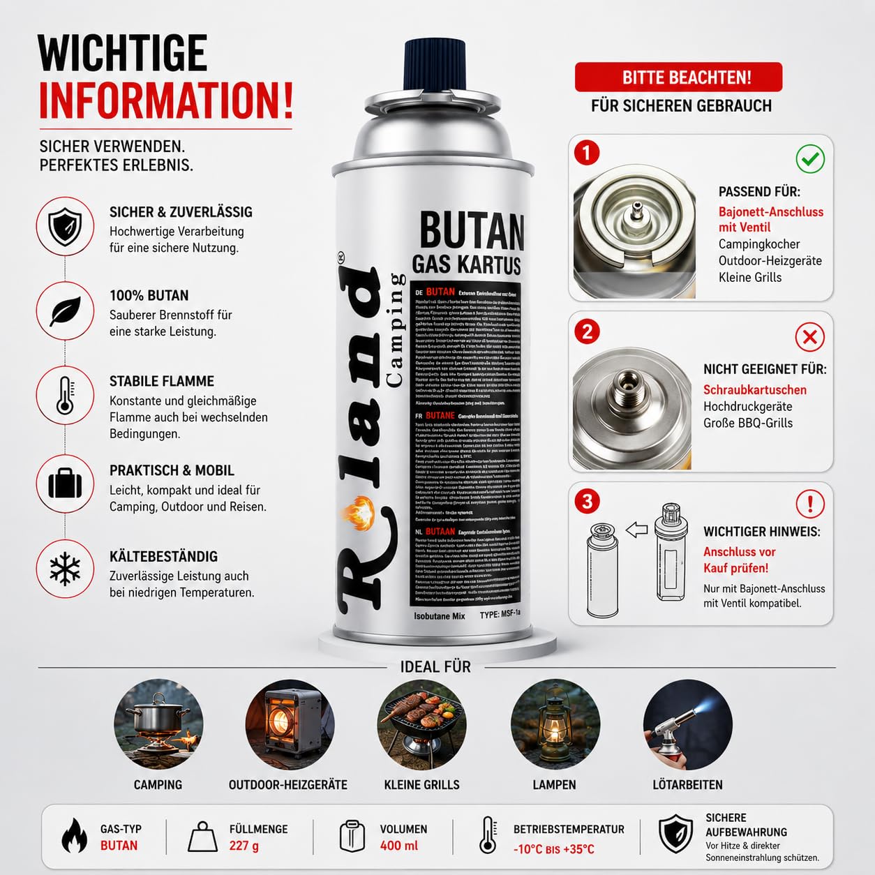 Roland Camping Butan Gaskartusche 227g – 28 Stück Gaskartuschen für Schweißbrenner Gaskocher, Lötbrenner & Heizung – Premium Qualität Butangas mit oder ohne Gasbrenner (28 Stück)