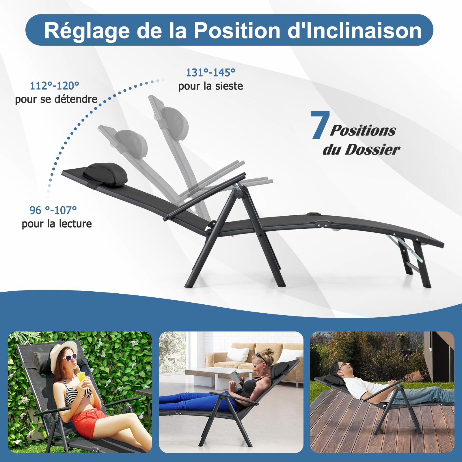 COSTWAY Chaise Longue Pliante, Transat Inclinable Portable avec Dossier Réglable sur 7 Positions, Bain de Soleil avec Accoudoir, Repose-Tête, Extérieur pour Piscine, Jardin, Balcon (Noir)