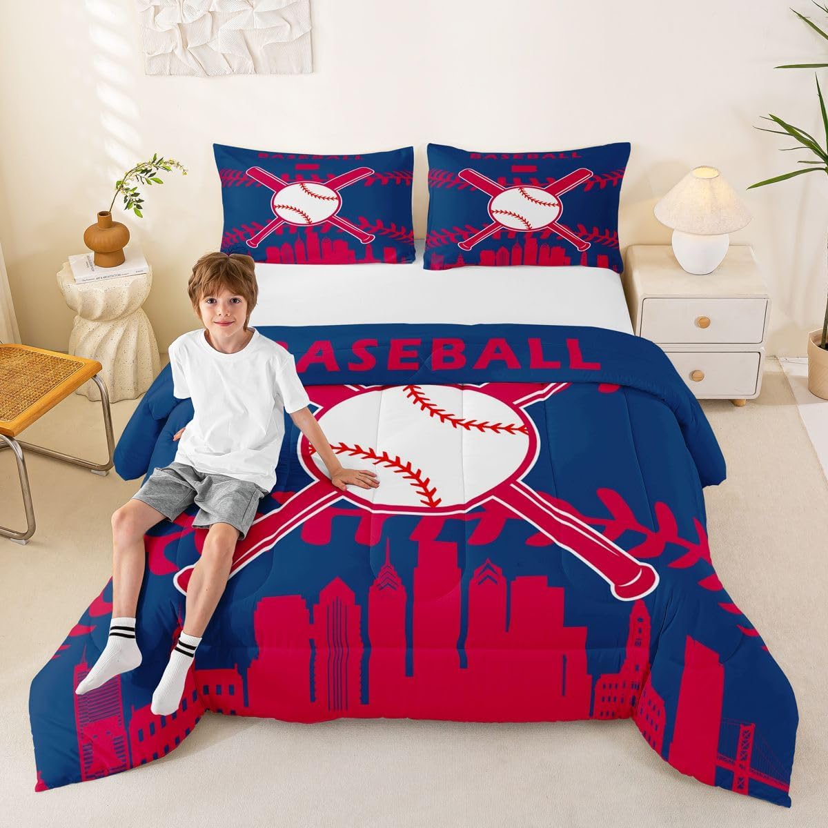 Erosebridal Sports Comforter for Kids Boys Girls,Teen Boy Baseball Bedding Queen,Softball Duvet Insert,Ball Game Quilt with 2 Pillowcases Lightweight