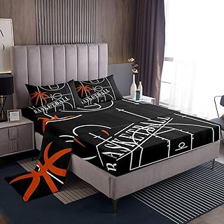 Erosebridal Boys Basketball Bed Set for Kids Teens Sports Theme Bed Sheets Set, Black White Sheet Set Full Ball Gamer Sheets, Cartoon Basketball Court Top Sheet (Black)