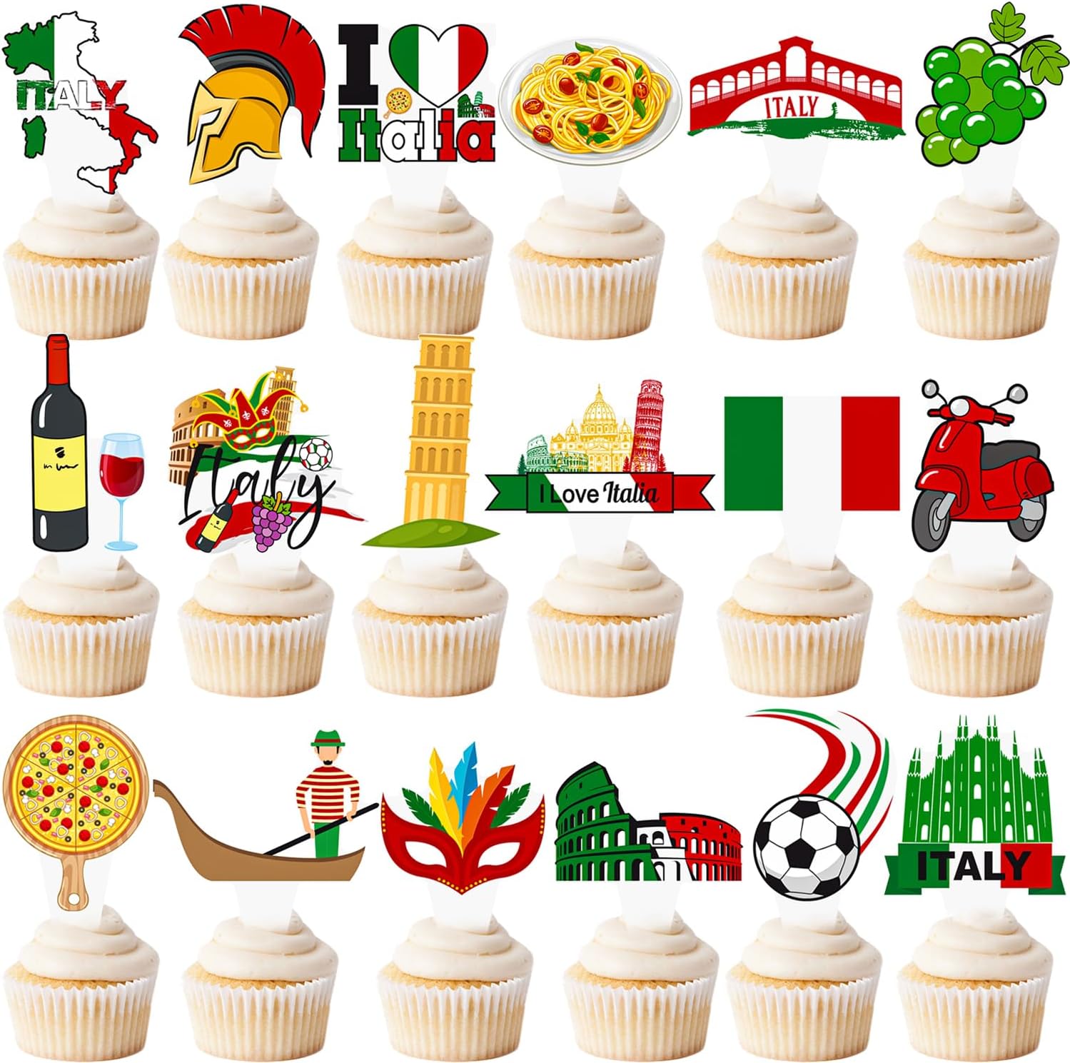 Italian Theme Party Cupcake Toppers, Pizza and Italy Decorative Picks for Celebrations, 24 Pack, Red Green White