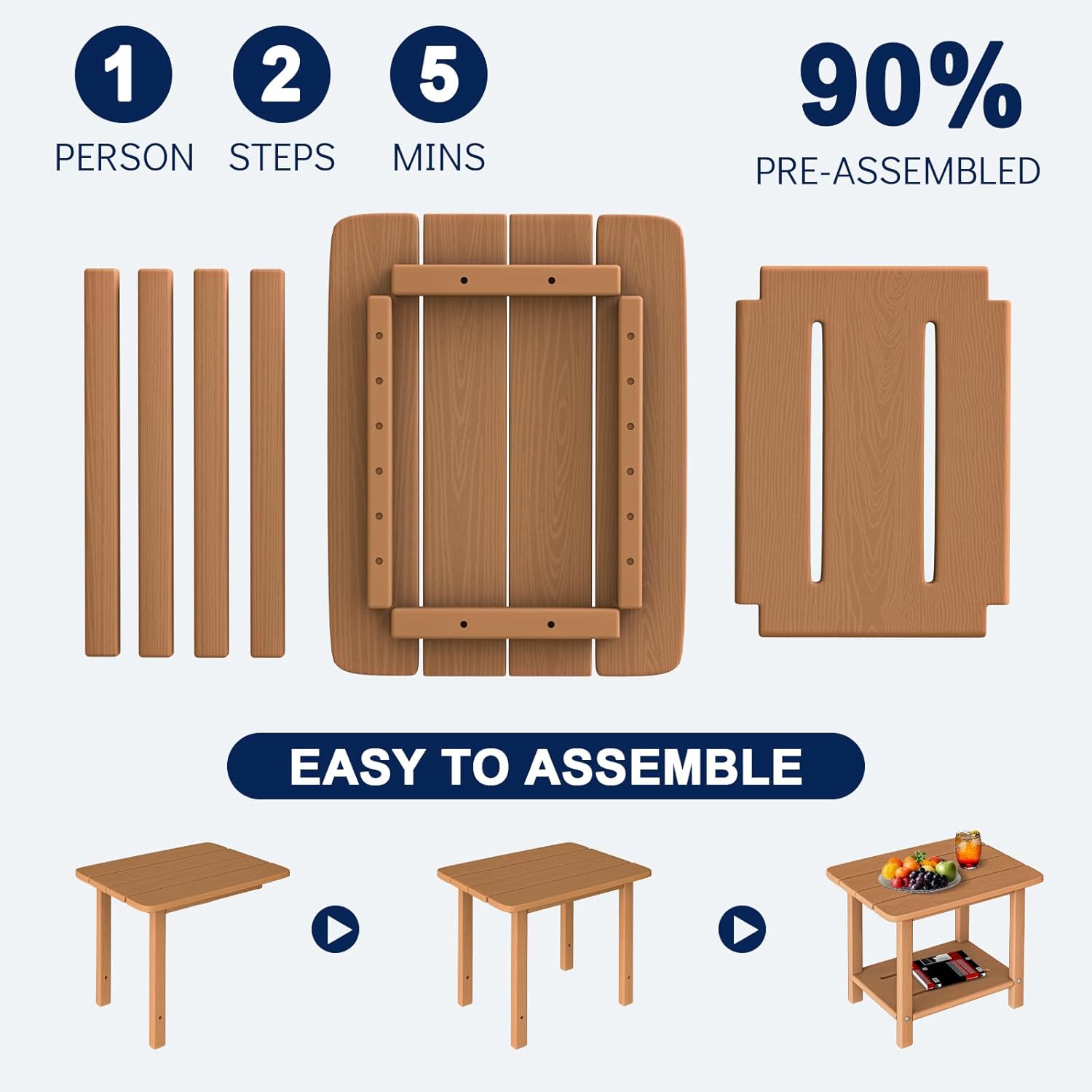 nevilywood Adirondack Square Side Table - 18.4" Large Panel HDPE Outdoor End Table - Weatherproof, Rustproof & Low Maintenance for Patio, Lawn, Pool, Indoor Use (Teak)