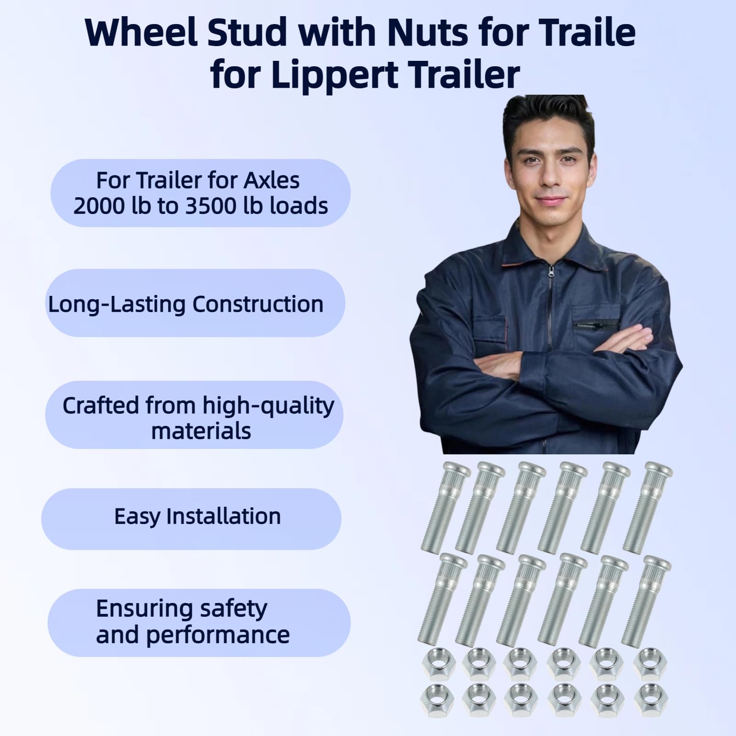 12Sets Wheel Stud with Nuts for Traile for Lippert Trailer for Axles 2,000 lb to 3500 lb with 1/2"-20 UNF Thread Size, 0.54" Spline, 0.69" Head, 2.2" Total Length