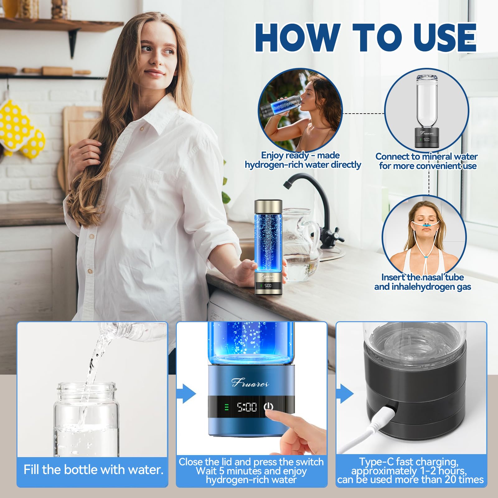 Botella de agua de hidrógeno, generador de botellas de agua de hidrógeno de hasta 6000 PPB, rendimiento atlético portátil y sistema de hidratación, regalo saludable para familiares, amigos, clientes