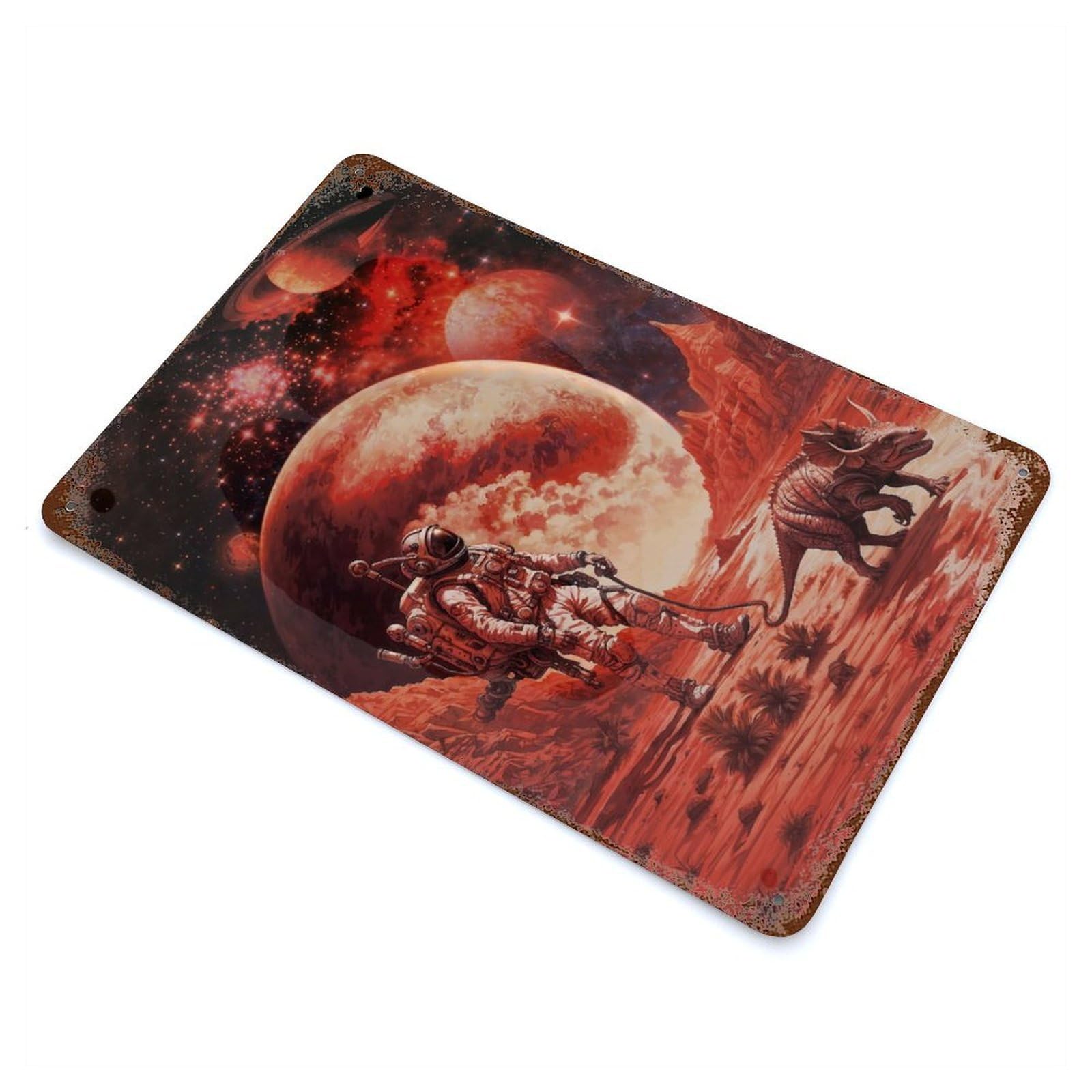 Astronaut Walks Alien Dino 11.8"x7.9" Rusty Metal Tin Sign, Novelty Wall Decor for Cafe, Home Bar And Lounge Decor