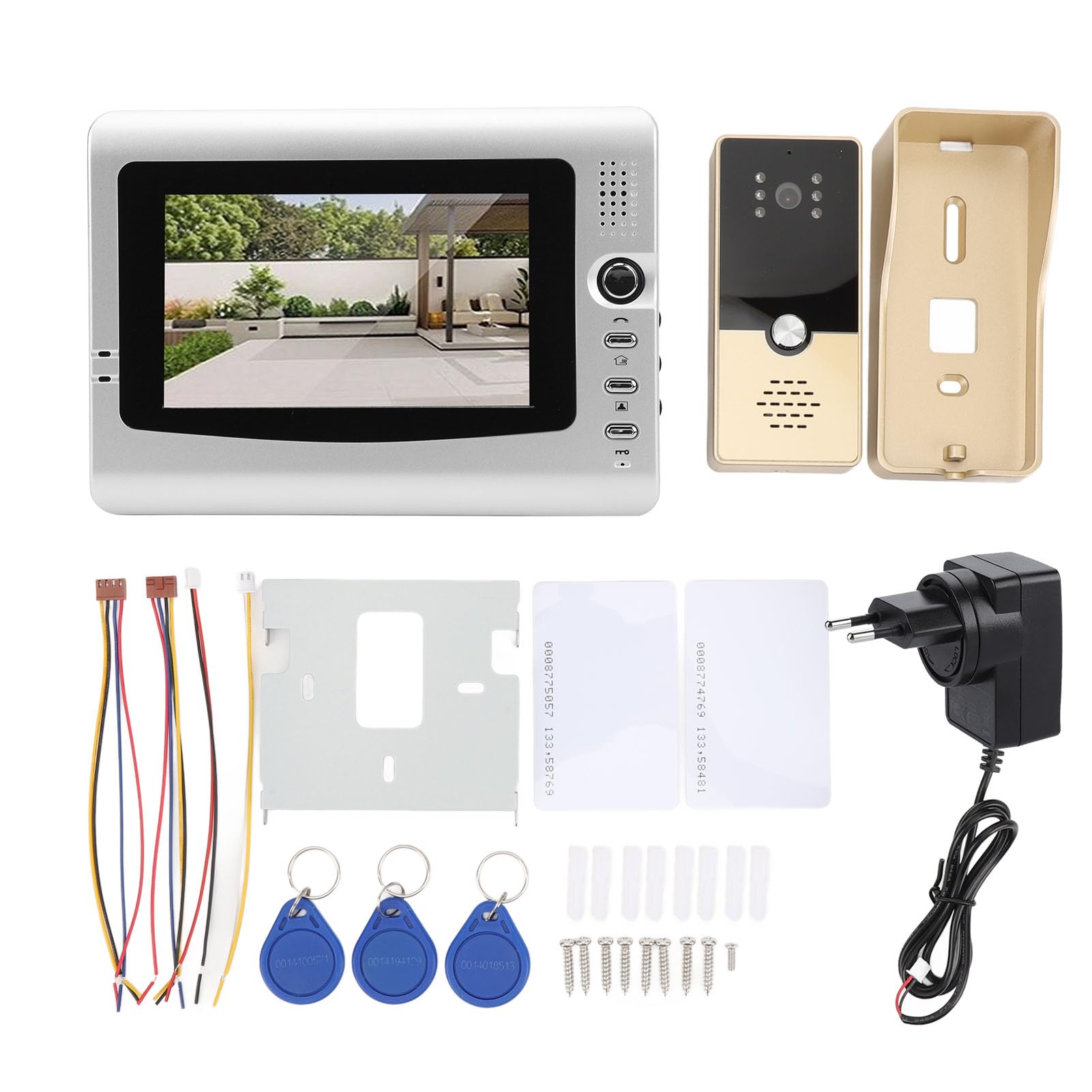 Sistemas Videocitofono Cablato, Monitor Videocitofono da 7 Pollici con Visione Notturna IR, Kit Videocitofono Supporto Monitoraggio, Sblocco, Citofono Bidirezionale per (GOLD)
