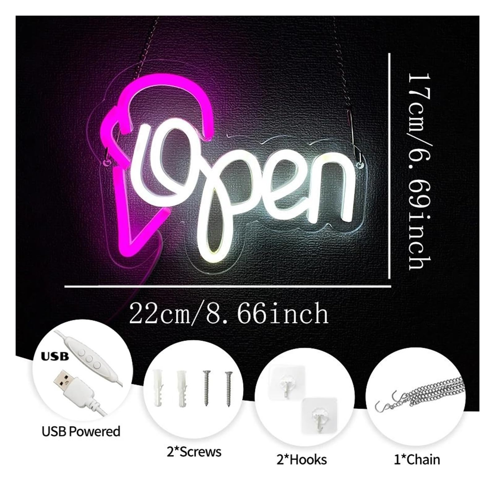 Luces de neón Letrero De Neón Con Forma De Helado Abierto, Alimentado Por USB, Para Decoración De Tiendas, Negocios Y Fiestas Navideñas,22cmх17cm