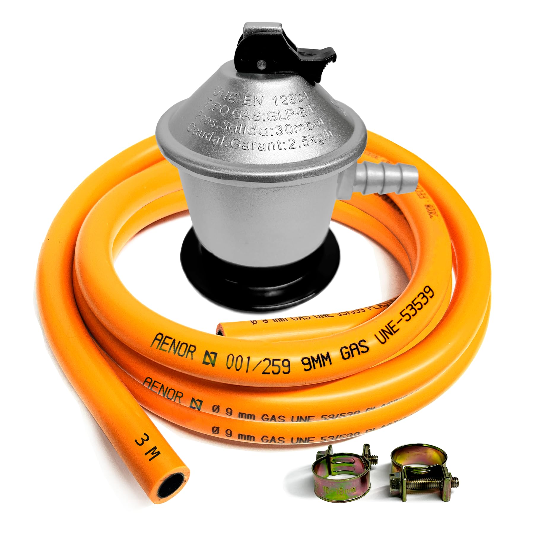 Kit Regulador Gas Butano 30 mbar Homologado + Manguera 1,5 m / 3 m / 5 m y Abrazaderas – Regulador para Bombonas de Gas en Cocinas, Camping, Hornillos, Barbacoas y Paelleros (DOBLE XXL - 3,0 m)