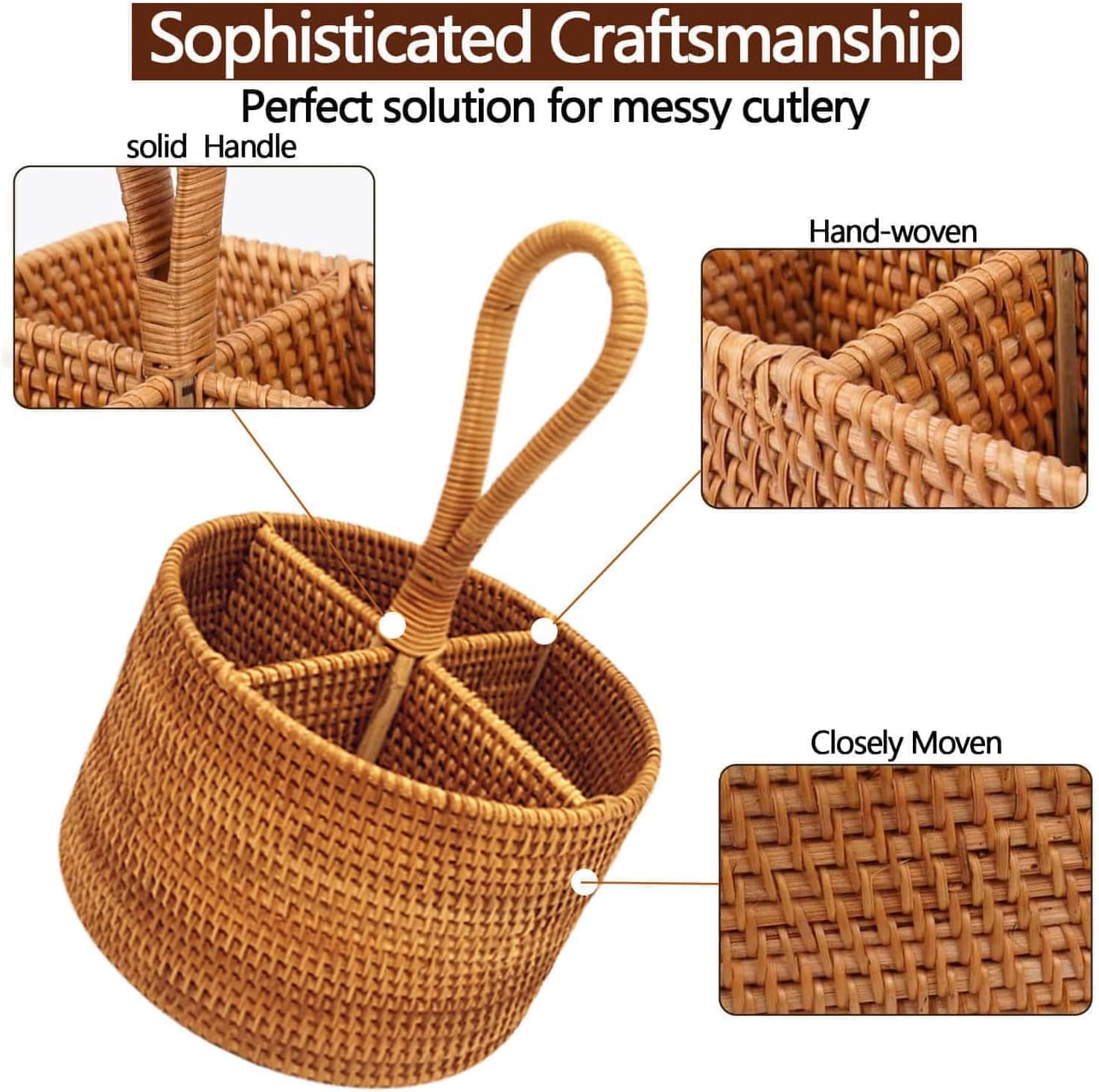 Wicker Silverware Caddy with Built-in Handle,Rattan Utensil Holder with 4 Compartments,Caddy Organizer Silverware Holder for Party Picnic Outdoor (Round A)