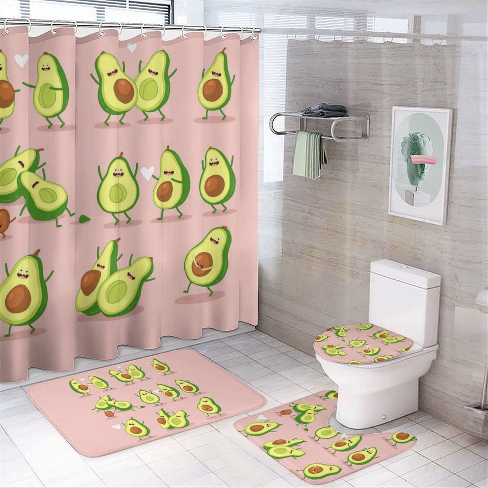 JiuPopular Bathroom Mat Set 4 Piece, Funny Avocado Shower Curtain with Non-Slip Bath Mats for Bathroom