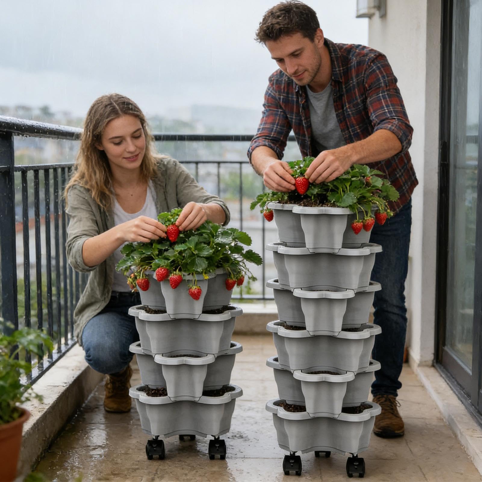 Jardinera Fresas | Torre Fresa Sobre Ruedas 6 Niveles | Jardinera Verduras Apilable para Exteriores e Interiores | Maceta Vertical para Fresas Accesorios Jardín para Frutas, Verduras y Plantas