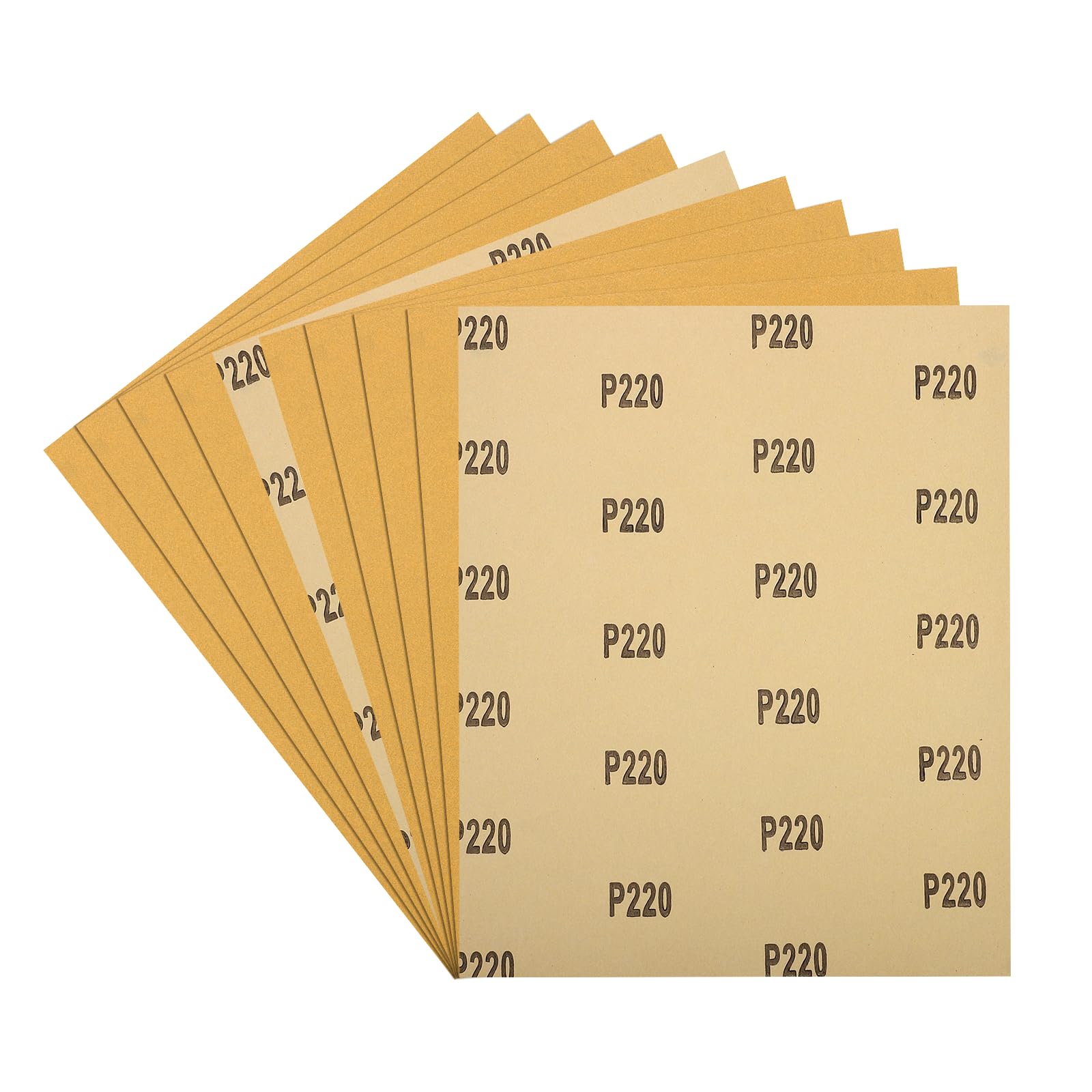 Kozelo 10pcs Sand Papers - [229 x 279mm x 220 Grits] Sandpaper Sheets for Metal Auto Wood Polishing and Scratches Removing, Alumina Abrasive Gold