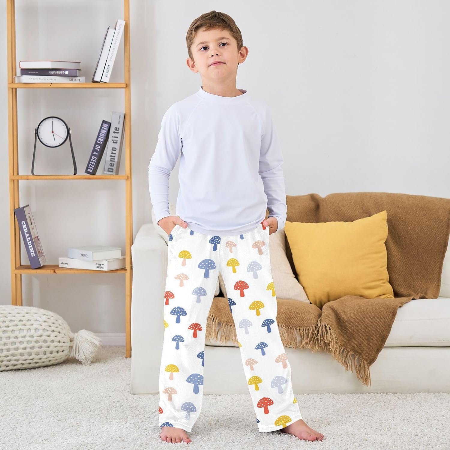 visesunny Colorful Mushroom Pattern Boys Pants for Kids Fleece Bottoms Long Jogger Pants Trousers with Pockets Size 6-14Y