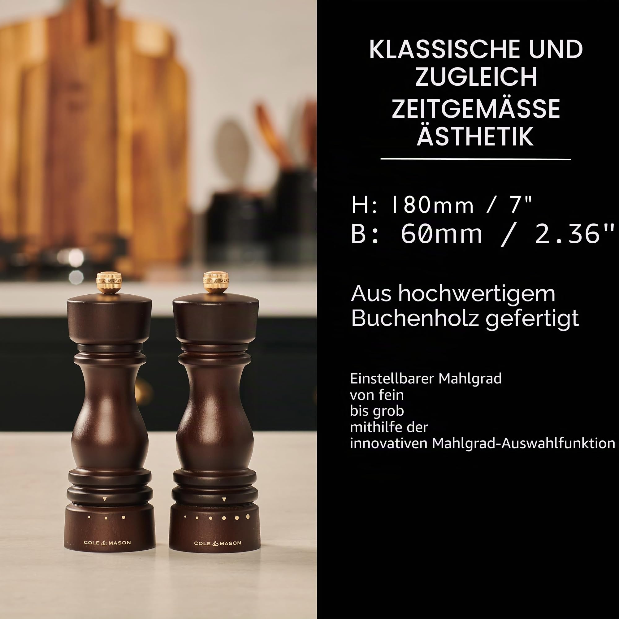 Cole & Mason London Salz und Pfeffermühlen Geschenkset Holz 18 cm, Keramikmahlwerk, Einstellbarem Mahlgrad, Precision+ Carbon-Mechanismus, Manuelle Gewürzmühle, Schokolade Buchenholz