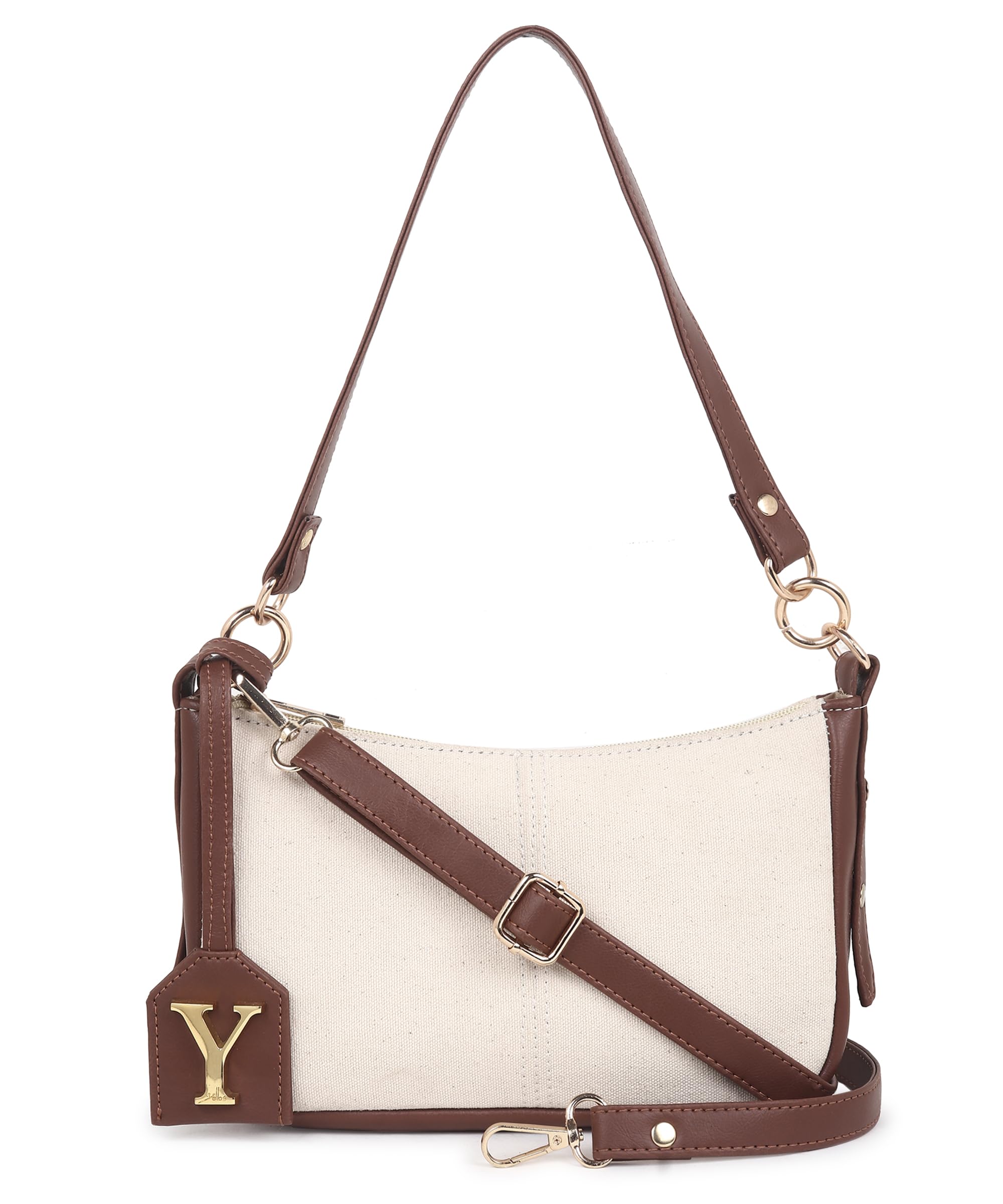 Women's Canvas Shoulder Bag with PU Leather Trim | Baguette Handbag with Adjustable & Detachable Sling Strap | Zip Closure Crossbody Purse for Office, College, Travel & Everyday Use-image-1