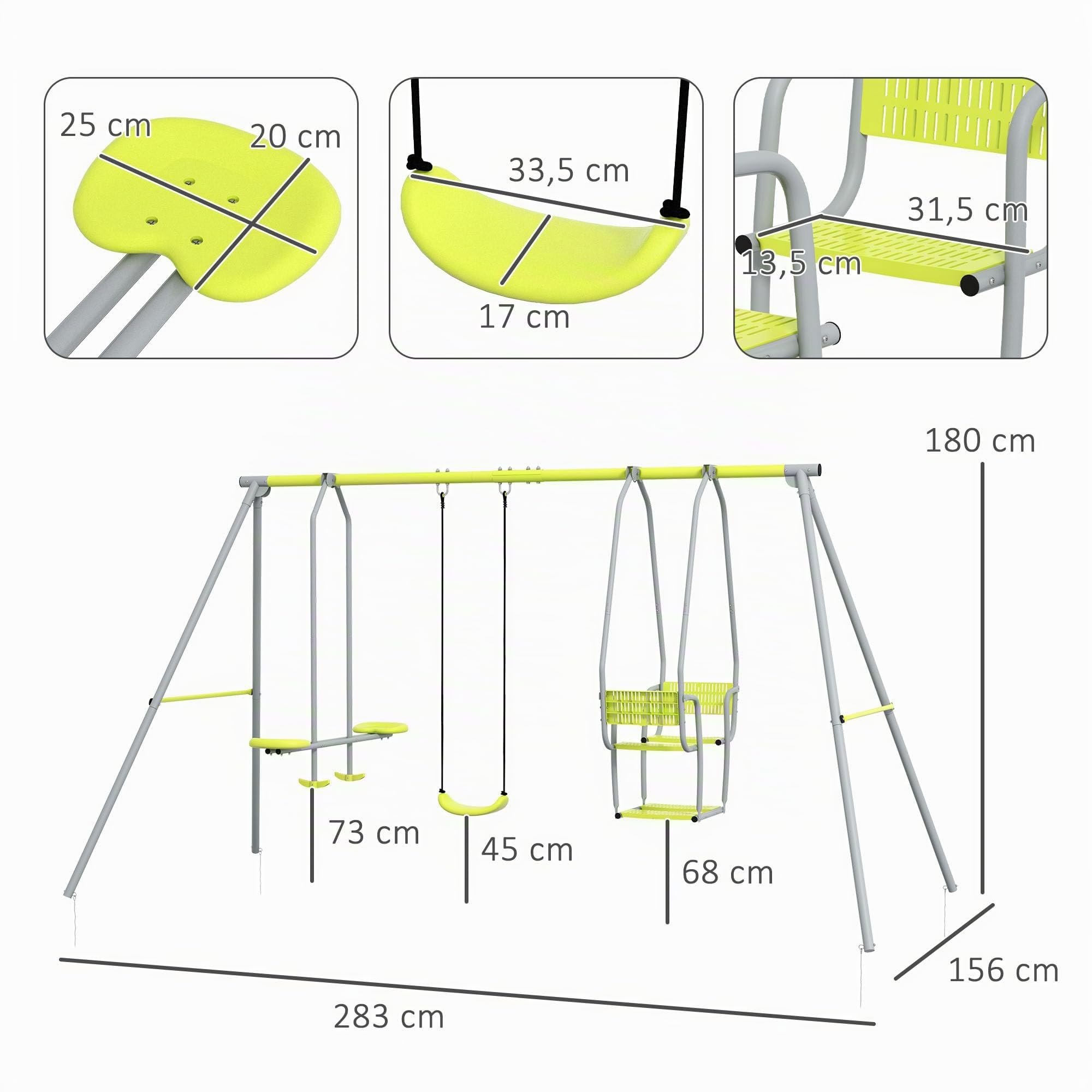 Outsunny Altalena per bambini 3 in 1 con 1 faccia a faccia e 3 set, telaio in metallo, portata massima 225 kg, area giochi all'aperto, verde