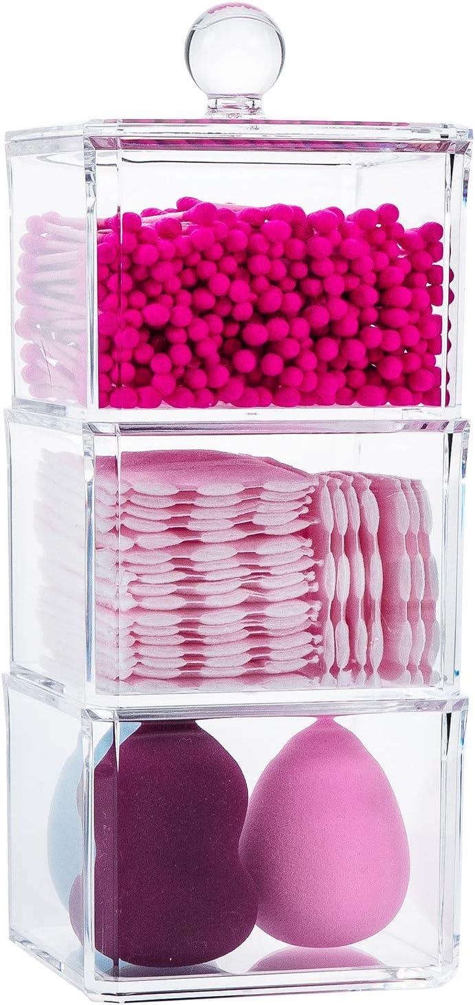 Yoelrsa Clear Acrylic Cotton Swabs and Balls Storage Box, Dustproof Dispenser Organizer with Lid for Bathroom, 3 Square Stackable Sets Makeup Holder for Cosmetics, Jewelry, Snacks, Q-Tips (6019C)