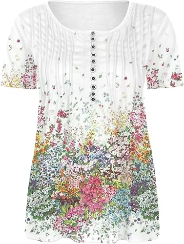 Miniatura 4 de SMIDOW Womens Tunic Tops Trendy Vintage Boho Shirts Short Sleeve Notch v Neck t-Shirt 2023 Casual Summer Blouse Empire Waist