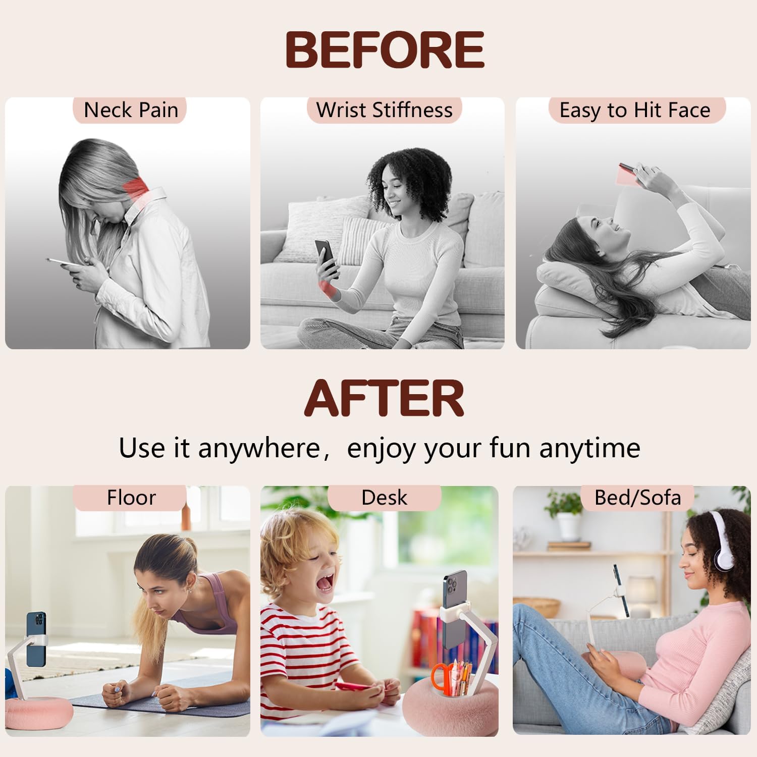 Upgraded Phone Holder for Bed,Dual Axis Arm 360°Adjustable Angle Height,30% Wider Clamp,Bed Phone Holder Laying Downd with Bowl and Suction Cup Bottom,Phone Pillow Stand for 4-7” Phones,Pink