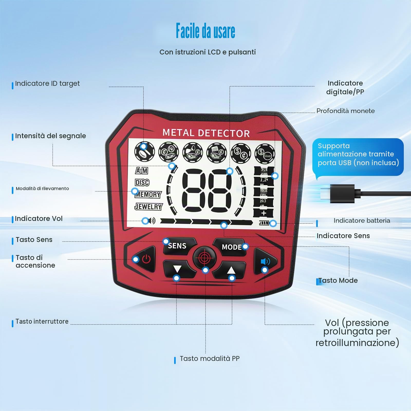Metal Detector ad Alta Precisione, Lunghezza Regolabile 113 cm - 141 cm, 5 Modalità, Metal Detector Professionale con Schermo LCD, Bobina di Ricerca Impermeabile IP68 per Adulti & Bambini