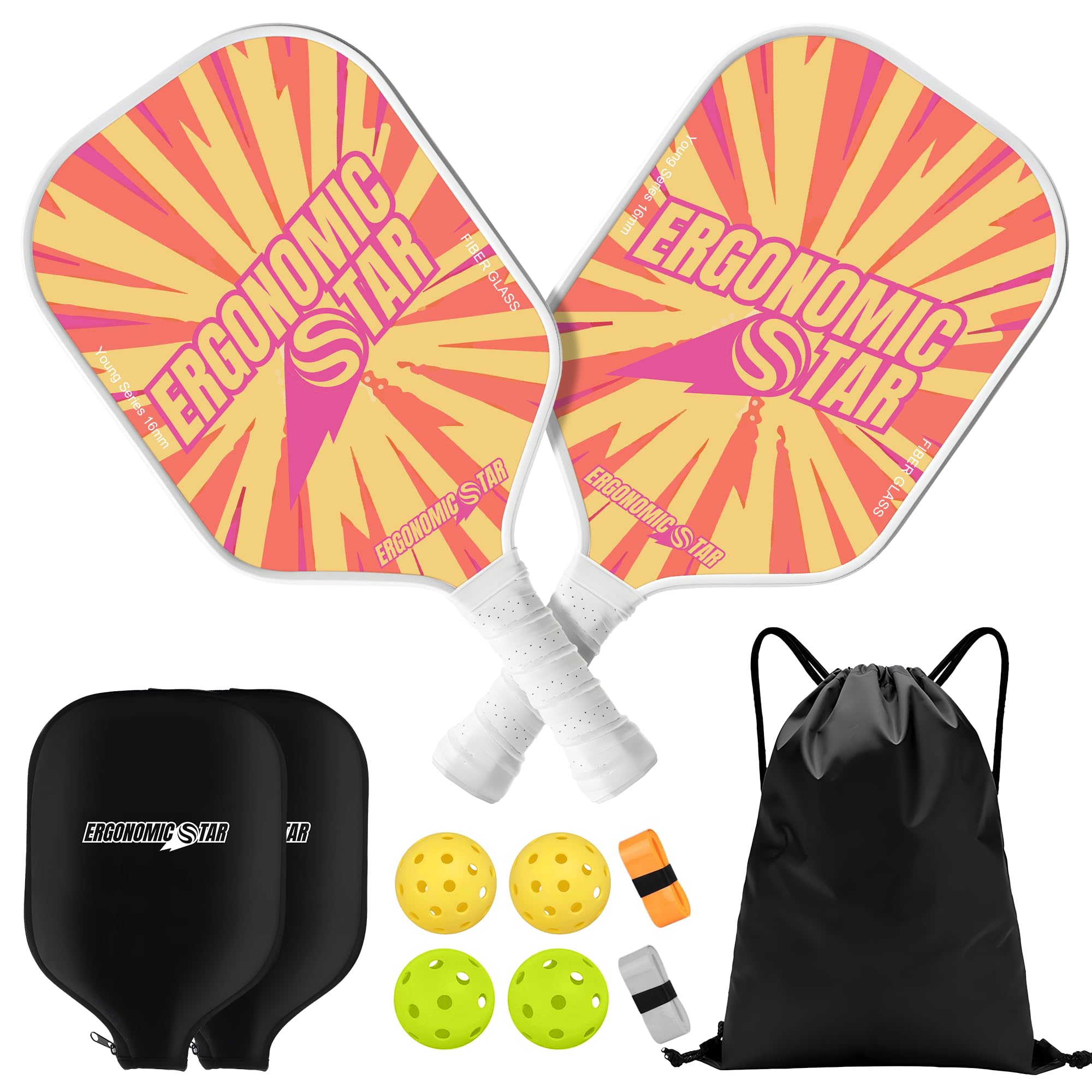 Ergonomicstar Pickleball Set Fiberglas Pickleball Schläger mit 4 Bällen und Tragetasche Paddel Schutz, Leicht Pick-up-Schläger für Anfänge Drinnen und Draußen