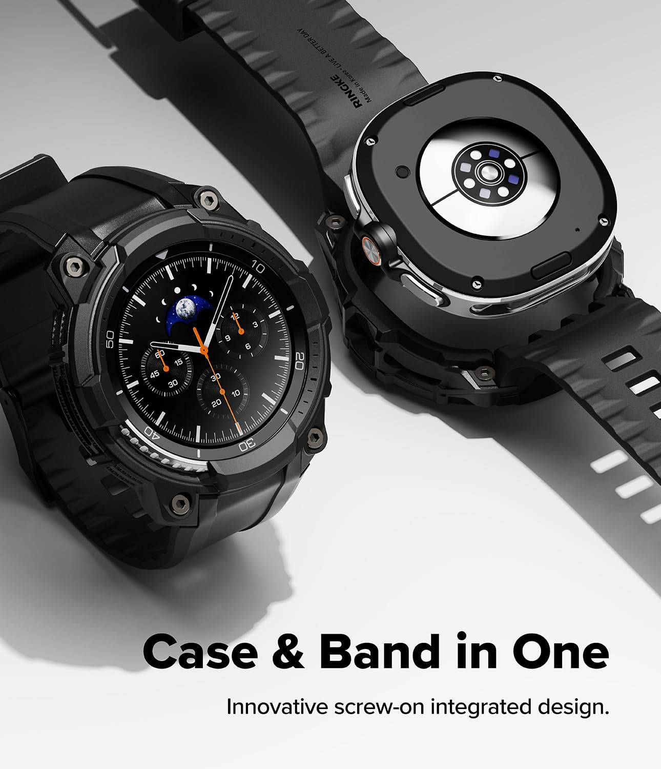 Ringke Rugged Gear Compatible con Funda Samsung Galaxy Watch 8 Classic (46mm), Carcasa Protectora Flexible con Parachoques y Correa, Resistente a Las Huellas Dactilares - All Black