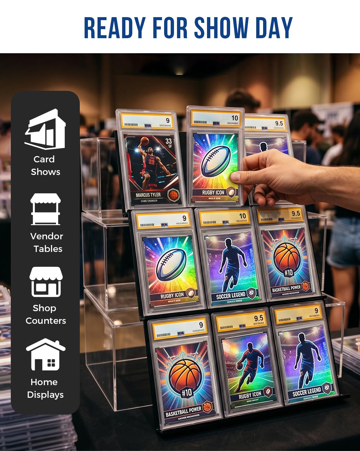 24 espositori per carte collezionabili, in acrilico nero, vassoi modulari per vetrine, espositori per carte e giochi da tavolo, 72 slot
